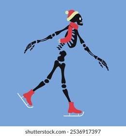 Funny skeleton skating. Cute skeleton bones character.