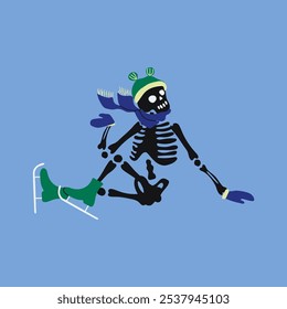 Funny skeleton skating. Cute skeleton bones character.