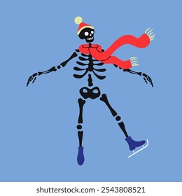 Funny skeleton skating. Cute skeleton bones character.