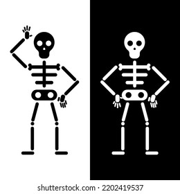 Funny skeleton sketch, black and white silhouette.
