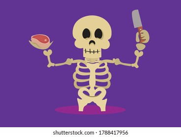 funny skeleton stands alone with steak and knife in his hands