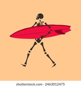 Funny Skeleton with surfboard. Cute character Skeleton Bones