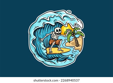 divertida esqueleto de la ilustración vectorial del surf con los vibos de playa.