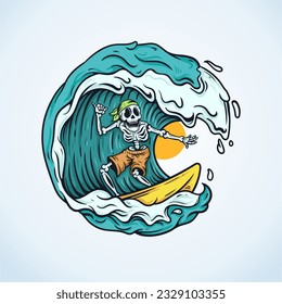 funny skeleton surfing vector illustration with sun and beach vibes.