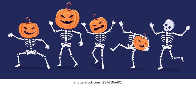 Funny skeleton woth pumpkin heads vector Halloween illustration