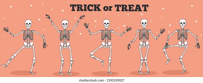 Funny skeletons dancing. Day of Dead, Halloween concept vector illustration. trick or treat.