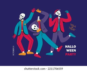 Funny skeletons dancing. Halloween party concept vector illustration for poster, invitation, card, banner