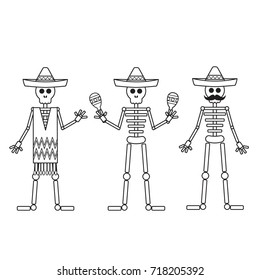 Funny skeletons for Day of the Dead. Coloring page. Vector illustration.