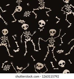 Funny skeletons in different poses seamless pattern for halloween design. On the dark background. Vector illustration.