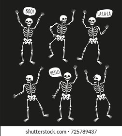 Funny skeletons in different poses with speech bubbles. Vector elements for halloween design. 