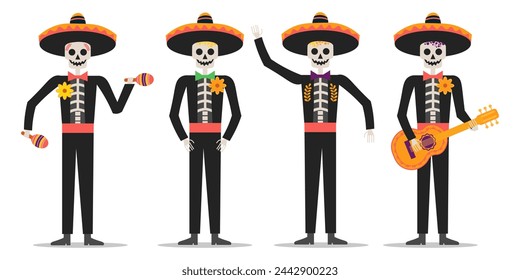 funny skeletons playing guitar, maracas, dancing. vector illustration. Day of the Dead Mexico