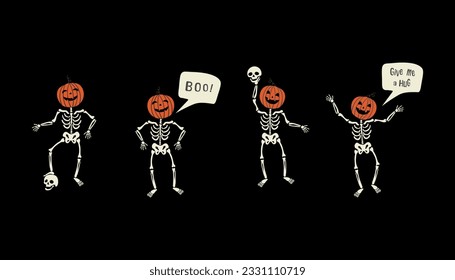 Funny skeletons with pumpkin head dancing.  Speech bubble: give me a hug and boo! Halloween cartoon characters vector illustration