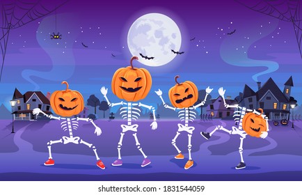 Funny skeletons with pumpkin heads dancing on halloween