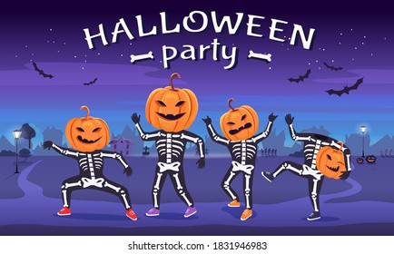 Funny esqueletos con cabezas de calabazas bailando. Ilustración de la tarjeta de Halloween