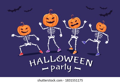 Funny skeletons with pumpkins heads dancing on halloween vector card illustration