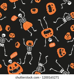 Funny skeletons with pumpkins. Seamless pattern design for Halloween. Cute hand drawn vector fabric design for day of the dead.