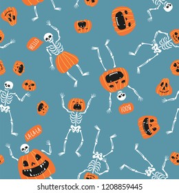 Funny skeletons with pumpkins. Seamless pattern design for Halloween. Cute hand drawn vector fabric design for day of the dead.