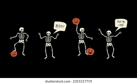 Escrúpulos divertidos con calabazas y burbujas de habla: ¡denme un abrazo y un abucheo! Dibujo vectorial de personajes de caricatura de Halloween