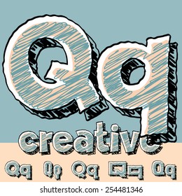 Funny sketch alphabet. Vector illustration of hand drawing font. Letter Q