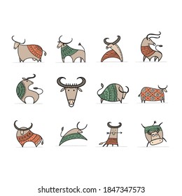 Funny sketch bull collection. Lunar horoscope sign. Happy new year 2021. Bull, ox, cow. Template for your design - poster, card, invitation. Vector illustration