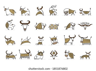 Funny sketch bull collection. Lunar horoscope sign. Happy new year 2021. Bull, ox, cow. Template for your design - poster, card, invitation. Vector illustration