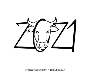 Funny sketch bull collection. Lunar horoscope sign. Happy new year 2021. Template for design - poster, card, invitation. Vector illustration