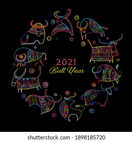 Funny sketch bull collection. Lunar horoscope sign. Happy new year 2021. Bull, ox, cow. Template for your design - poster, card, invitation. Vector illustration