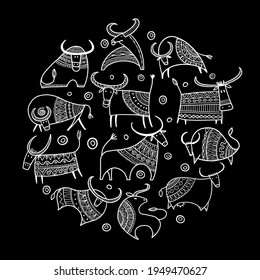 Funny sketch bull collection. Lunar horoscope sign. Happy new year 2021. Bull, ox, cow. Template for your design - poster, card, invitation