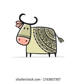 Funny sketch bull. Lunar horoscope sign. Happy new year 2021. Bull, ox, cow. Template for your design - poster, card, invitation. Vector illustration