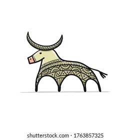 Funny sketch bull. Lunar horoscope sign. Happy new year 2021. Bull, ox, cow. Template for your design - poster, card, invitation. Vector illustration