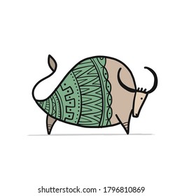 Funny sketch bull. Lunar horoscope sign. Happy new year 2021. Bull, ox, cow. Template for your design - poster, card, invitation. Vector illustration