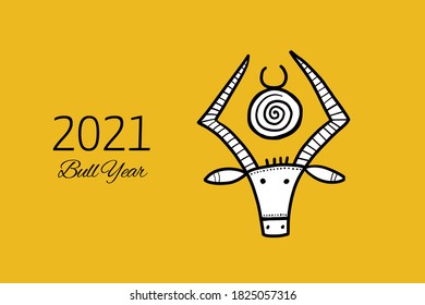 Funny sketch bull. Lunar horoscope sign. Happy new year 2021. Bull, ox, cow. Template for your design - poster, card, invitation. Vector illustration