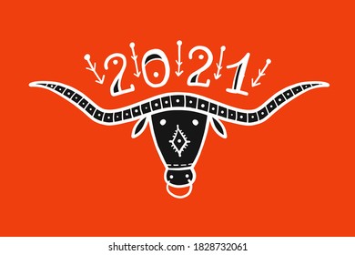 Funny sketch bull. Lunar horoscope sign. Happy new year 2021. Bull, ox, cow. Template for your design - poster, card, invitation. Vector illustration