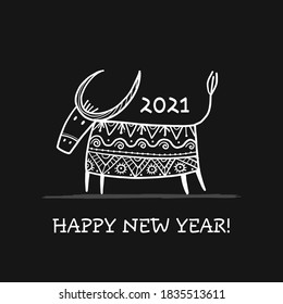 Funny sketch bull. Lunar horoscope sign. Happy new year 2021. Bull, ox, cow. Template for your design - poster, card, invitation. Vector illustration