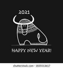 Funny sketch bull. Lunar horoscope sign. Happy new year 2021. Bull, ox, cow. Template for your design - poster, card, invitation. Vector illustration