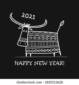 Funny sketch bull. Lunar horoscope sign. Happy new year 2021. Bull, ox, cow. Template for your design - poster, card, invitation. Vector illustration
