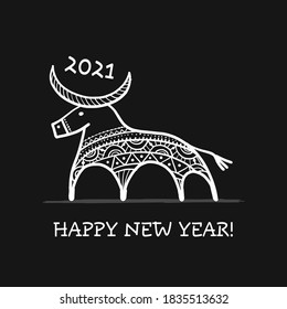 Funny sketch bull. Lunar horoscope sign. Happy new year 2021. Bull, ox, cow. Template for your design - poster, card, invitation. Vector illustration