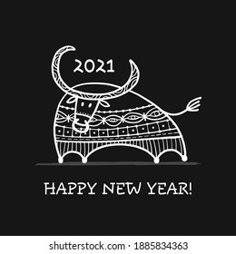Funny sketch bull. Lunar horoscope sign. Happy new year 2021. Bull, ox, cow. Template for your design - poster, card, invitation. Vector illustration