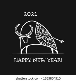 Funny sketch bull. Lunar horoscope sign. Happy new year 2021. Bull, ox, cow. Template for your design - poster, card, invitation. Vector illustration