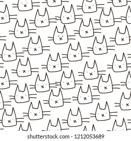 Funny sketch cats heads seamless pattern for your fabric textile design, wrapping paper or wallpaper.