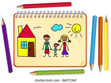 funny sketch of the family with paint pencils and notepad