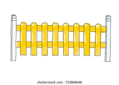 Funny sketch fence from flat slats, painted in yellow Vector sketch in doodle style of pen on paper with space for text on white background.