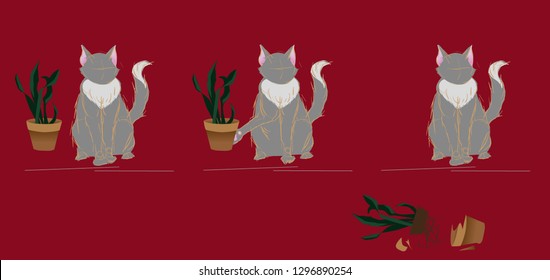 Funny sketch of gray cat, a cat splits a flower pot on a dark red background, vector for animation