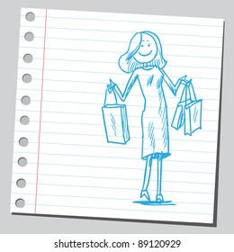 Funny sketch of a happy woman holding shopping bags