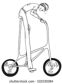 Funny sketch of too high bicyclist. Vector illustration eps8