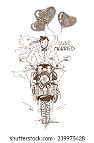 Funny Sketch Illustration With Just Married Couple Riding On A Motorbike And Heart Shape Air Balloons. Hand Drawn Wedding Card Or Invitation