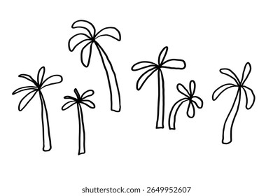 Funny sketch with palm trees on isolated background. Hand drawn seascape with tropical trees, sand in line art. Vector illustration simple doodle with exotic landscape. Design element for banner, card