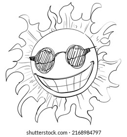 Funny sketch of scorching and smiling sun with cool gesture, wearing sunglasses.