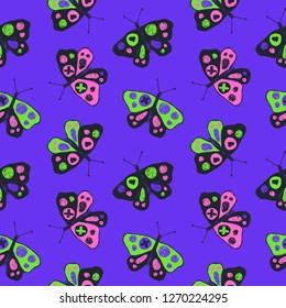 Funny sketch seamless pattern with butterflies on a purple background. Modern Fashion Pop Art background for textiles, print design for T-shirts, banners, clothes, social media.