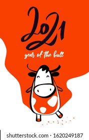 Funny sketch silhouette bull. Happy new year 2021. Sketch bull, ox, cow. Template poster, card, invitation for party with year 2021 Lunar horoscope sign.